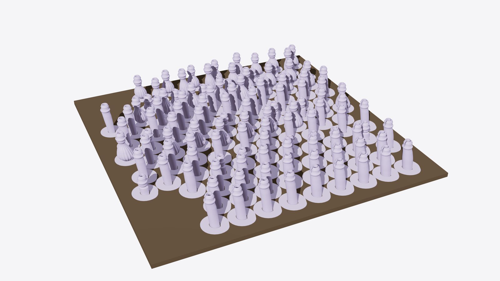 Render of a build plate with 115 lavender petals standing in rows, their round brims touching.
