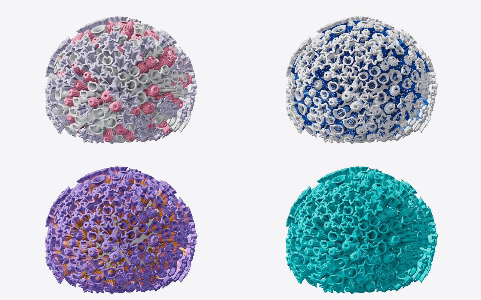 Four renders of the Bloom lamp in different colour styles: mixed colours, blue and white with patterns, purple and orange stripes, and solid teal.