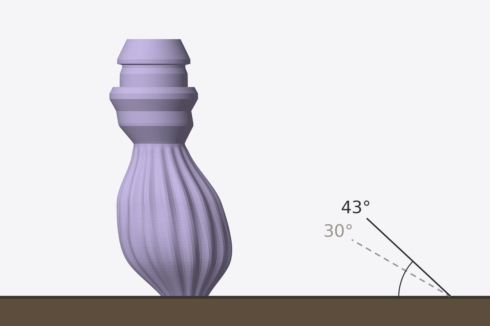 Side view of a Tulip petal standing on its rim on a build plate, next to two lines from the bed at 30° and 43°.