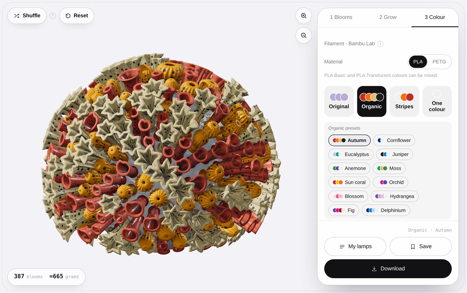 Screenshot of the Studio: a Bloom lamp in the Organic preset Autumn, next to the Colour step with its four styles and presets.
