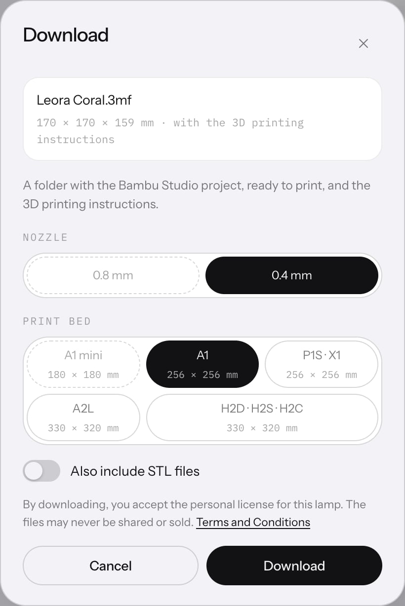 The Download sheet for Leora Coral.3mf: nozzle 0.4 mm, the print beds A1 mini, A1, P1S and X1, A2L, H2D, H2S and H2C, and the STL switch.