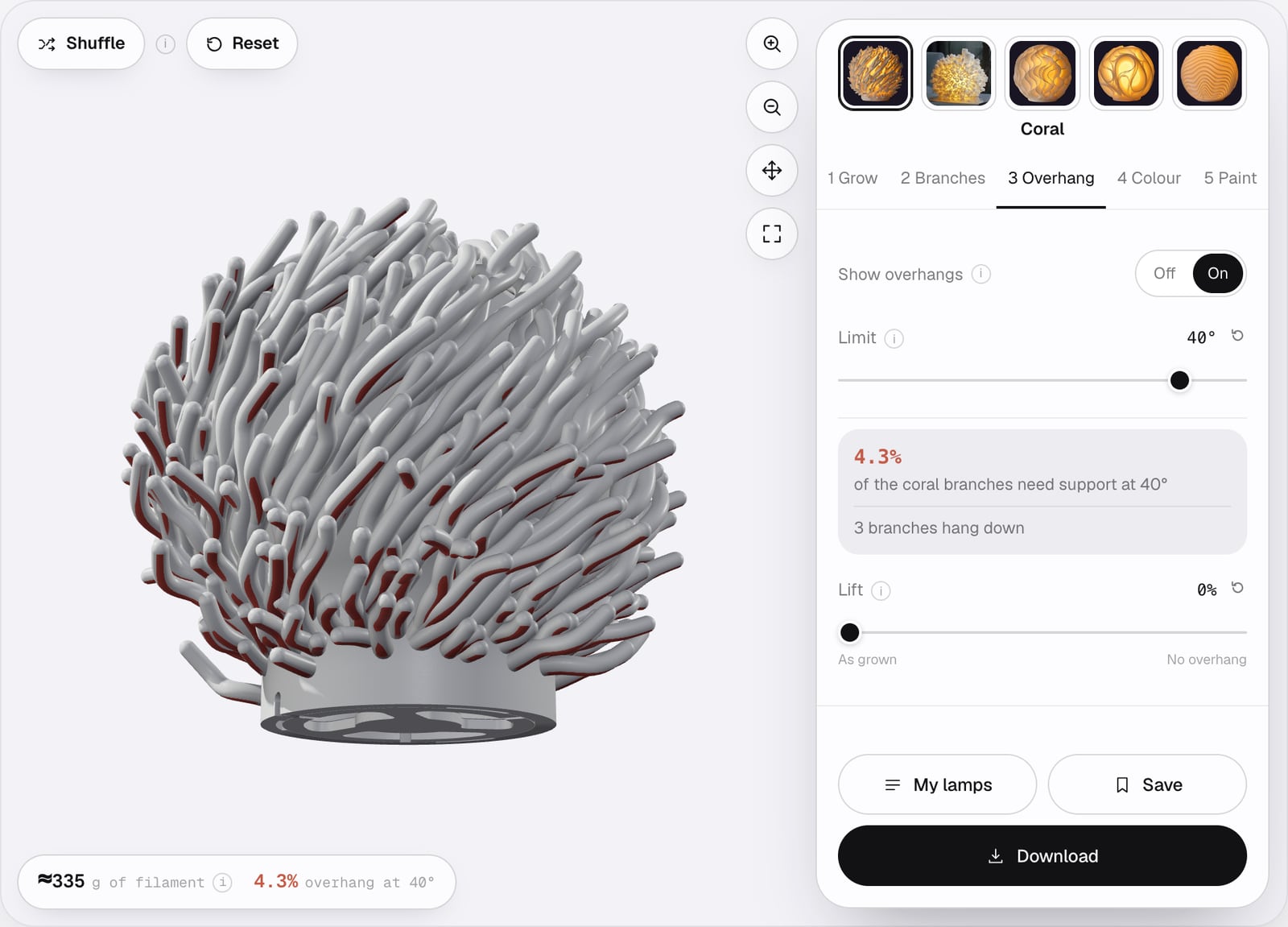 A white Coral lamp seen from slightly below, with the undersides of some branches shown in red, and the Overhang step at a 40° limit and 0% Lift.