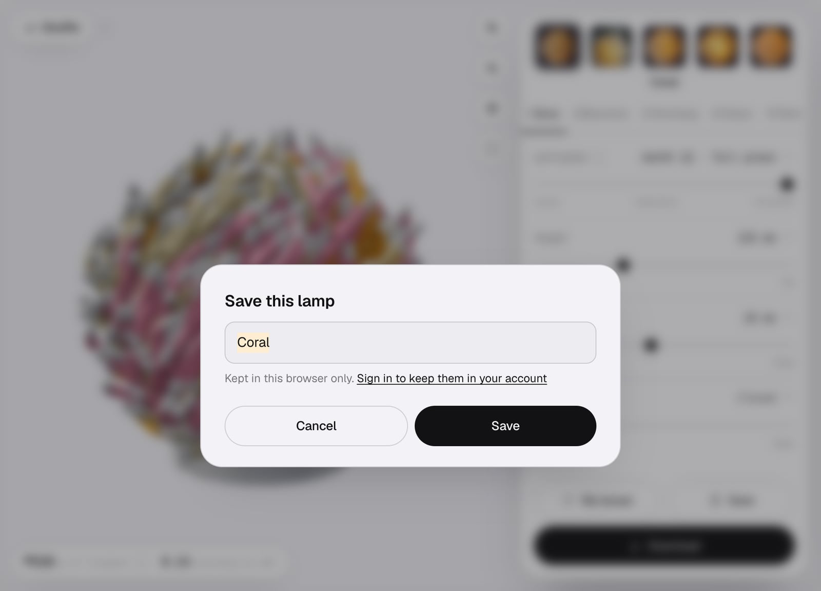 The Save this lamp sheet with the name Coral, and the note Kept in this browser only. Sign in to keep them in your account.