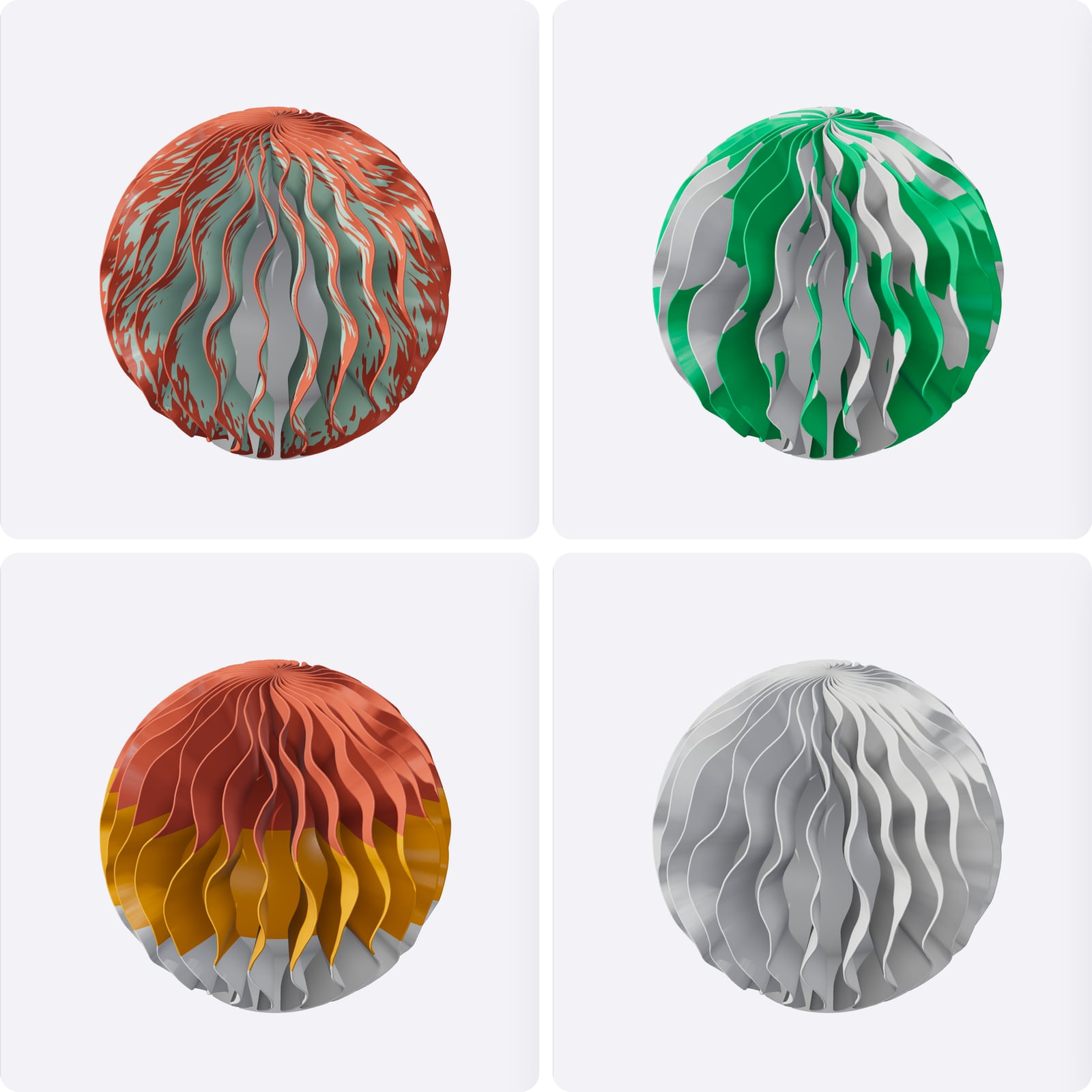 Four renders of the Growth lamp: red fins with sea-green between them; green fins with white streaks; white, orange and red stripes from the foot up; and plain white.