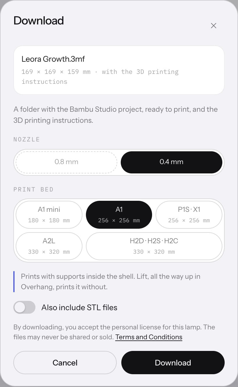 The Download sheet for Leora Growth.3mf: nozzle 0.4 mm, the print beds A1 mini, A1, P1S and X1, A2L, H2D, H2S and H2C, and the STL switch.