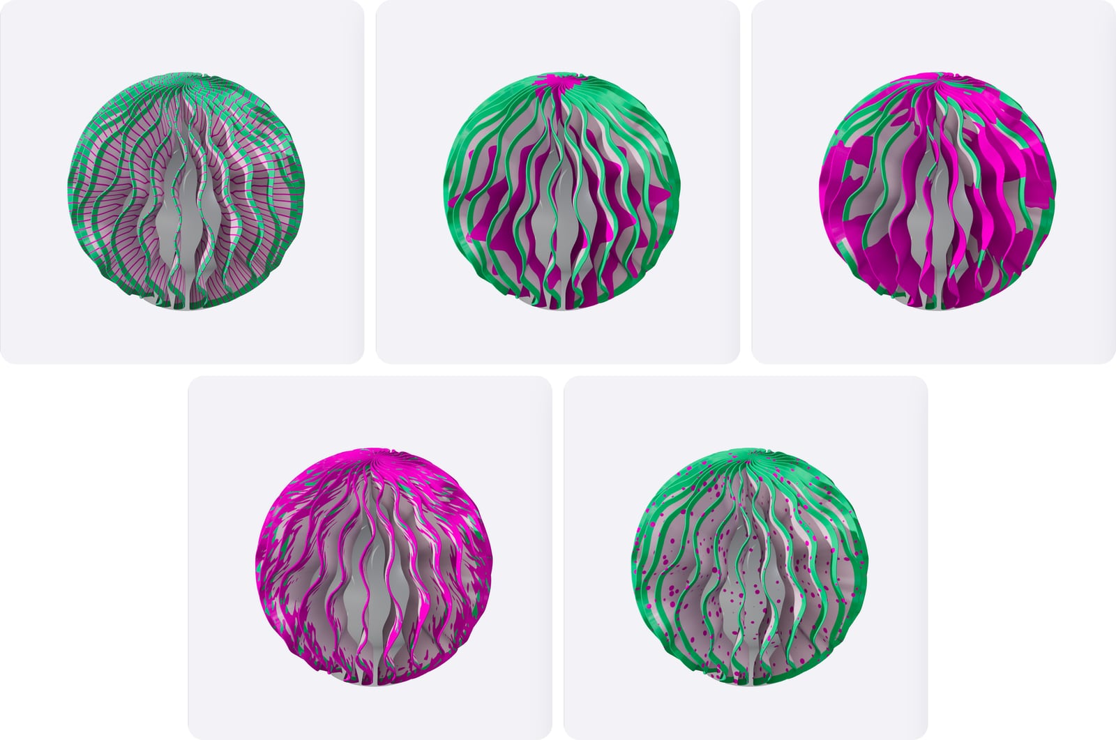 Five renders of the same Growth lamp, pale pink with green rims and its pattern in magenta: veins, a heart, streaks, blush and dots.