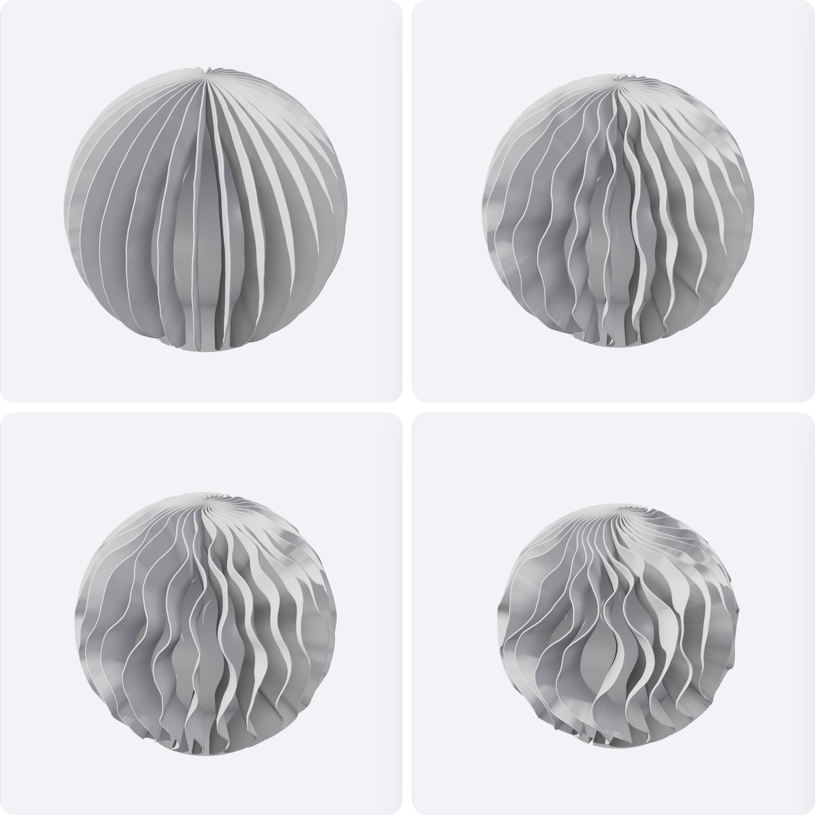 Four renders of the same Growth lamp at months 0, 3, 6 and 12: from flat fins to full grown, ruffled fins.