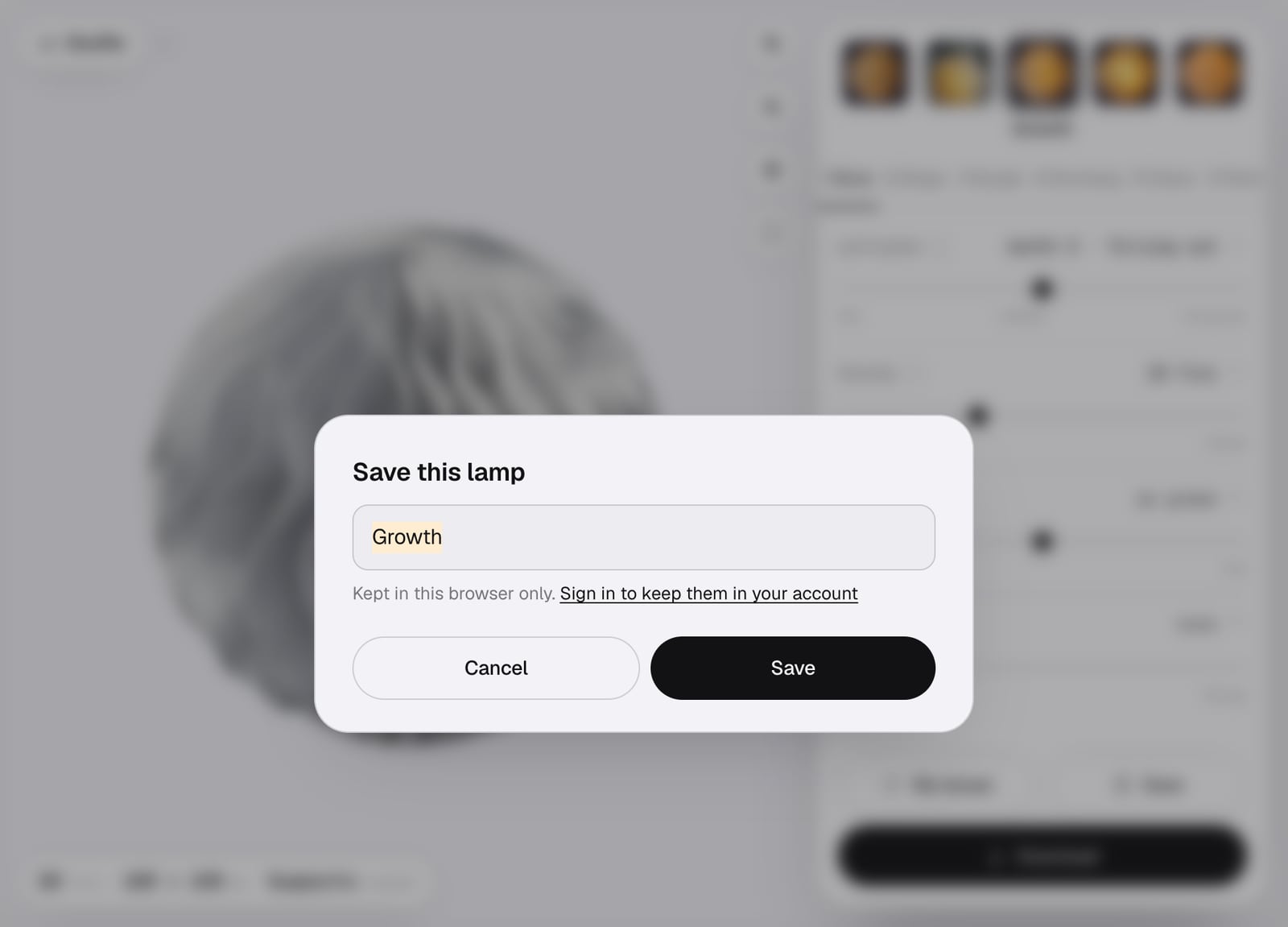 The Save this lamp sheet with the name Growth, and the note Kept in this browser only. Sign in to keep them in your account.